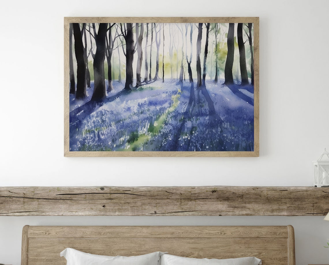 Enchanted Bluebell Forest with Towering Sunlit Trees Watercolor Poster - Image 2