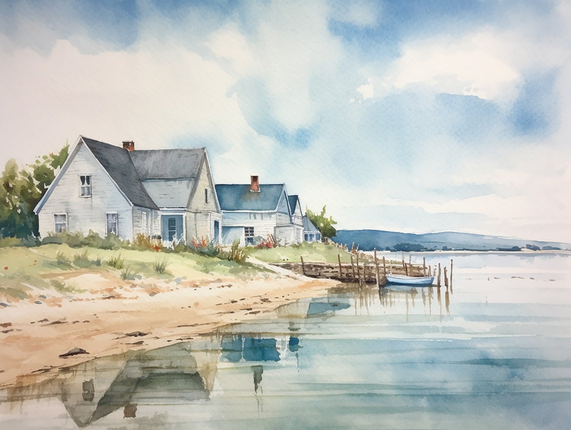 Cozy Lakeside Cottage with Wooden Dock on Still Water Poster