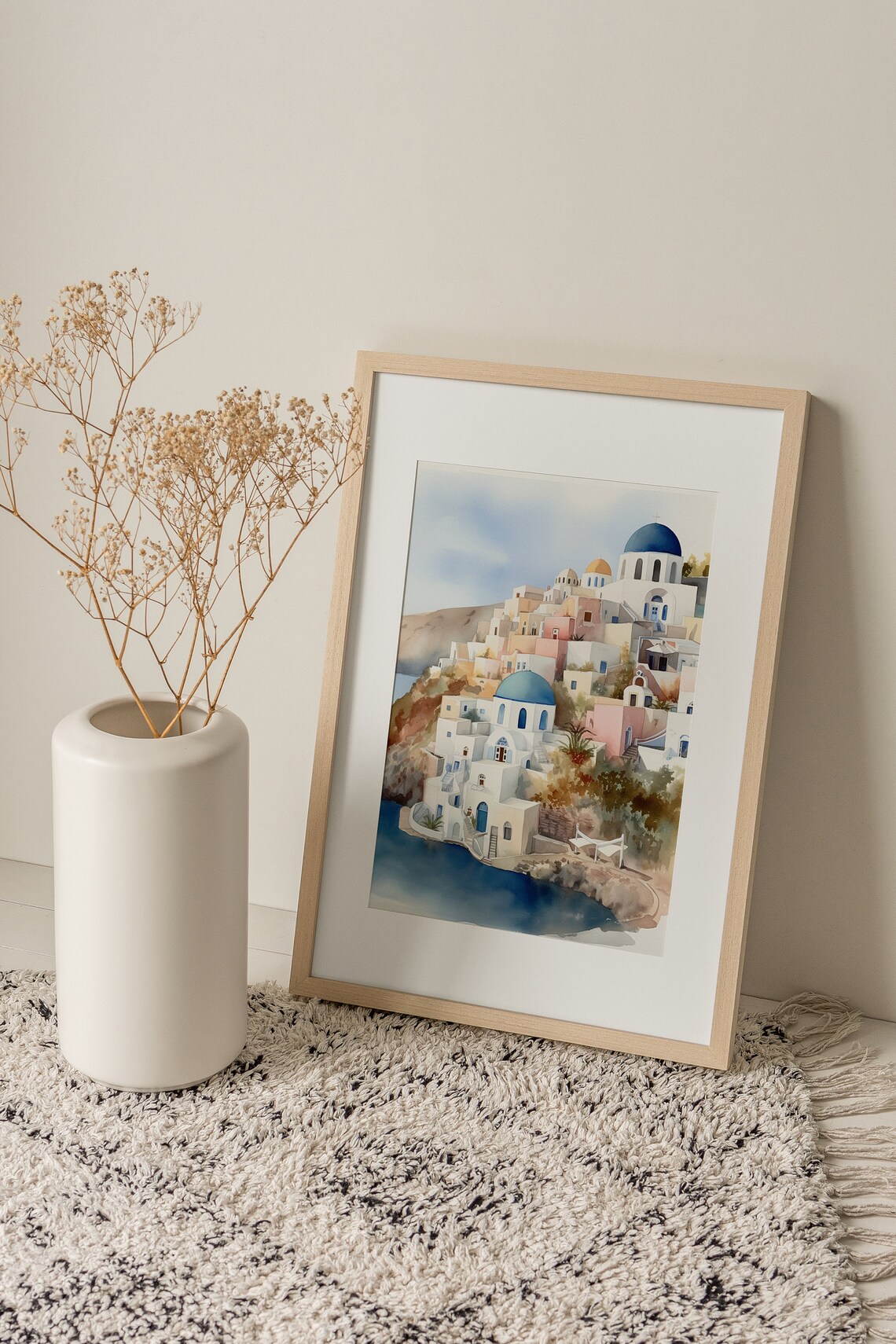 Santorini Watercolor Art Print, Greece Coastal Landscape - Image 2