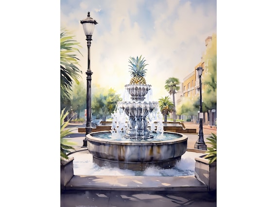 Pineapple Fountain Charleston Watercolor Travel Poster