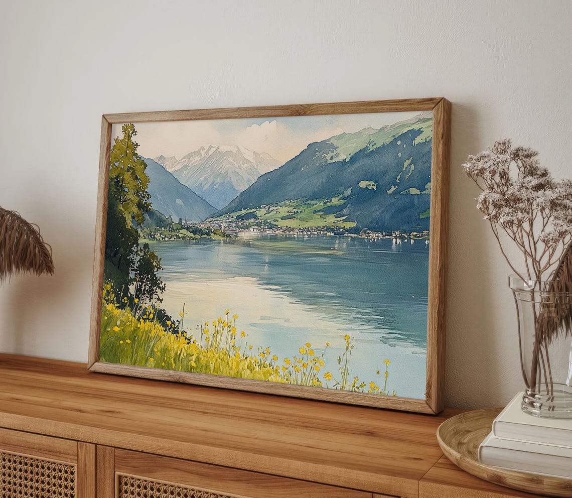 Tranquil Alpine Lake Village Beneath Snowcapped Mountains Poster - Image 4