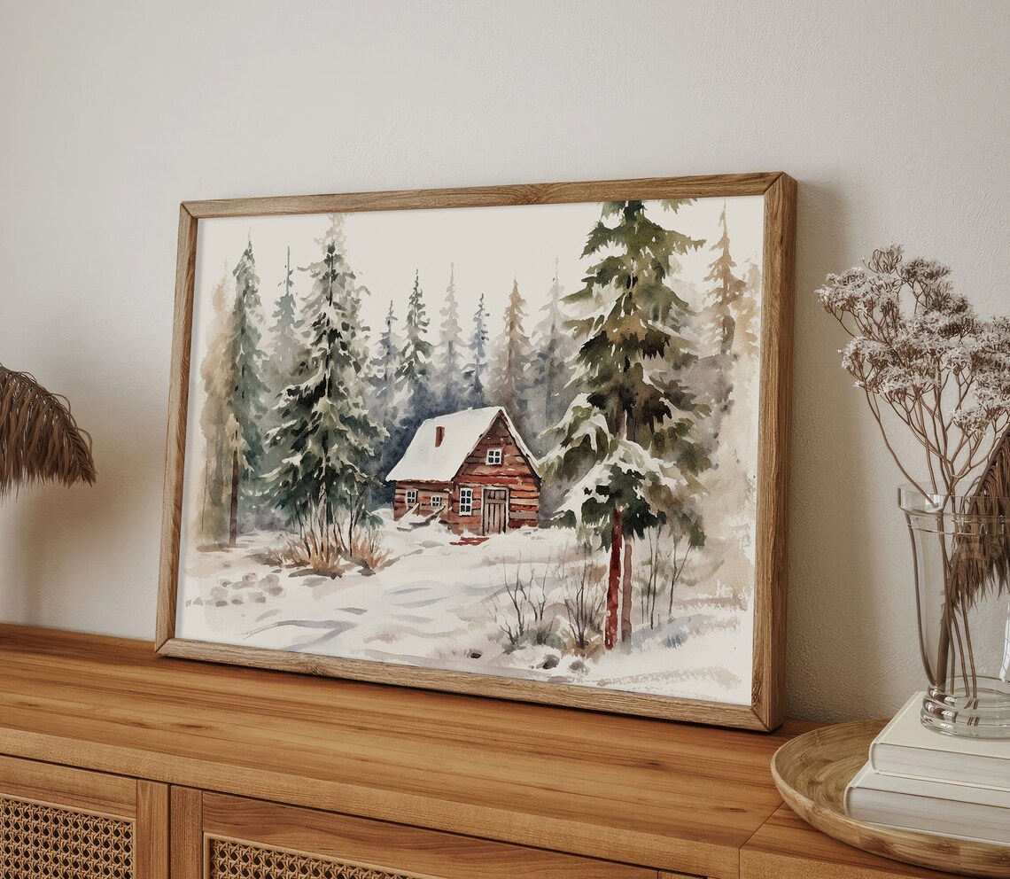 Winter Cabin Snow Scene Watercolor Art Print - Image 5