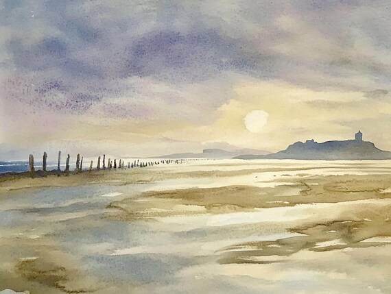 Holy Island Painting Lindisfarne Watercolor Art Print Beach Wall Art England Coastal Artwork Cliffs Poster