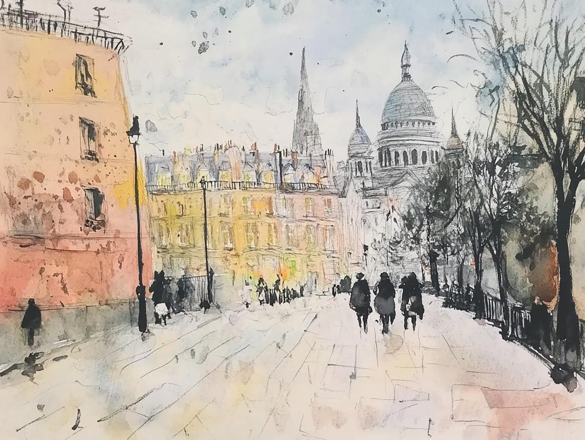Montmartre Painting Paris Watercolor Art Print Parisian Street Scene Art France Cityscape Wall Art Parisian Wall Decor