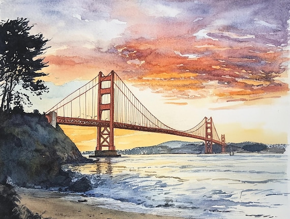Golden Gate Bridge Watercolor Art Print, San Francisco