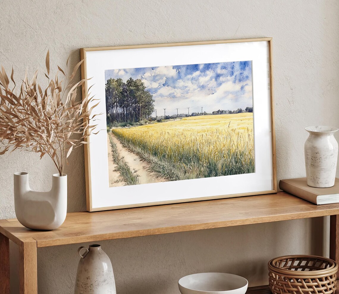 Indiana Watercolor Landscape Art Print, Golden Field Path - Image 3