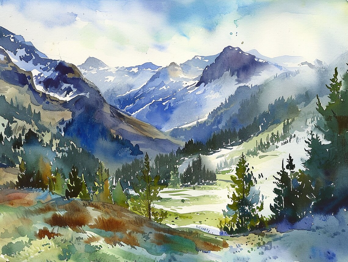 Rocky Mountains Watercolor Art Print, Wyoming