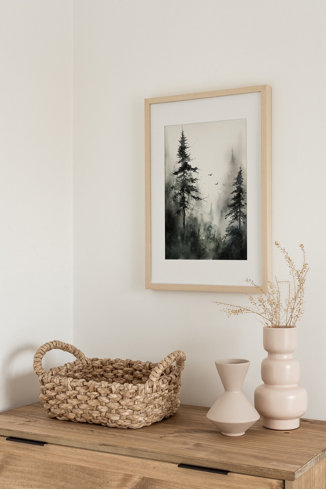 Tall Pines Emerging from Dense Fog in Black Ink Wash Painting Poster - Image 4