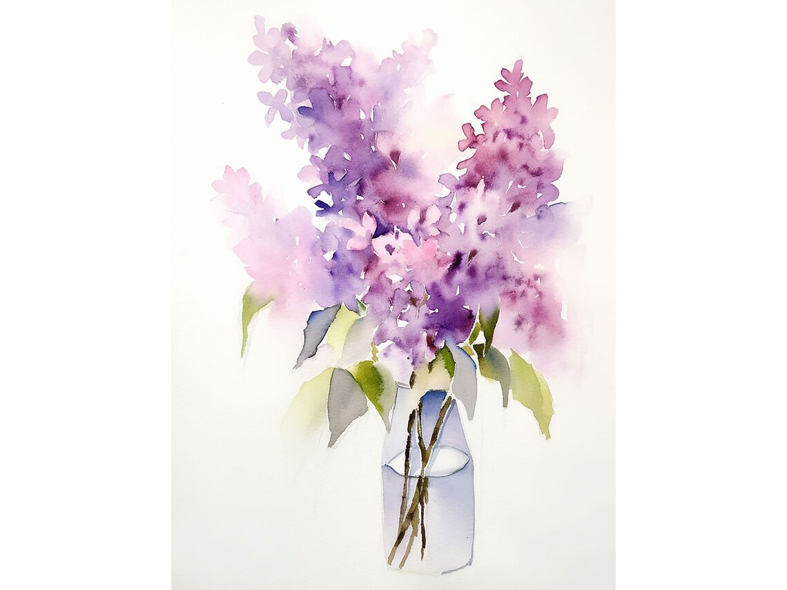 Purple Lilac Blossoms in Glass Vase Watercolor Floral Poster