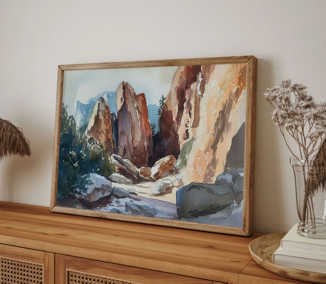 Red Sandstone Rock Canyon Formations Desert Stream Watercolor Poster - Image 3
