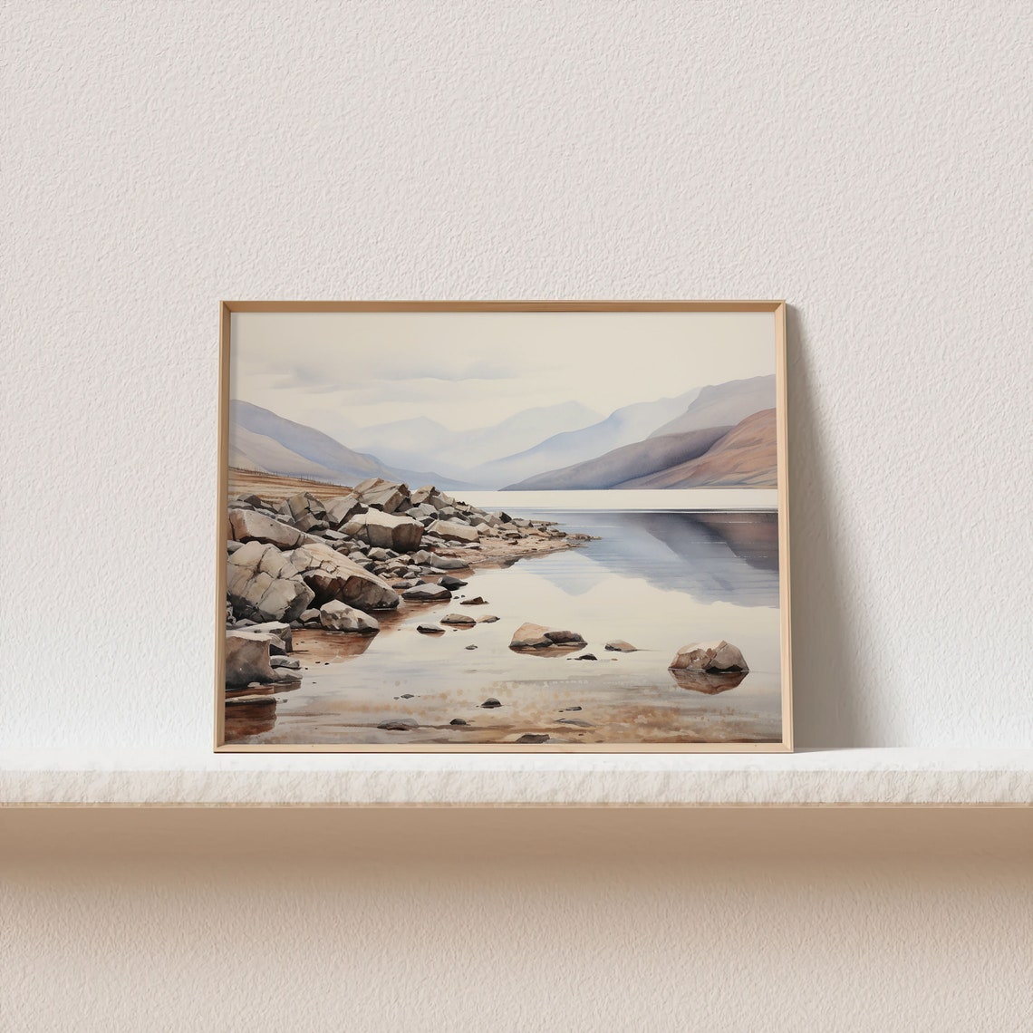 Rocky Lakeshore with Perfect Mountain Reflections Watercolor Poster - Image 2