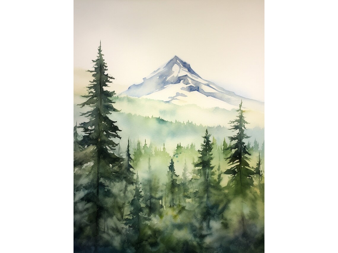 Mountain Forest Watercolor Print, Misty Landscape