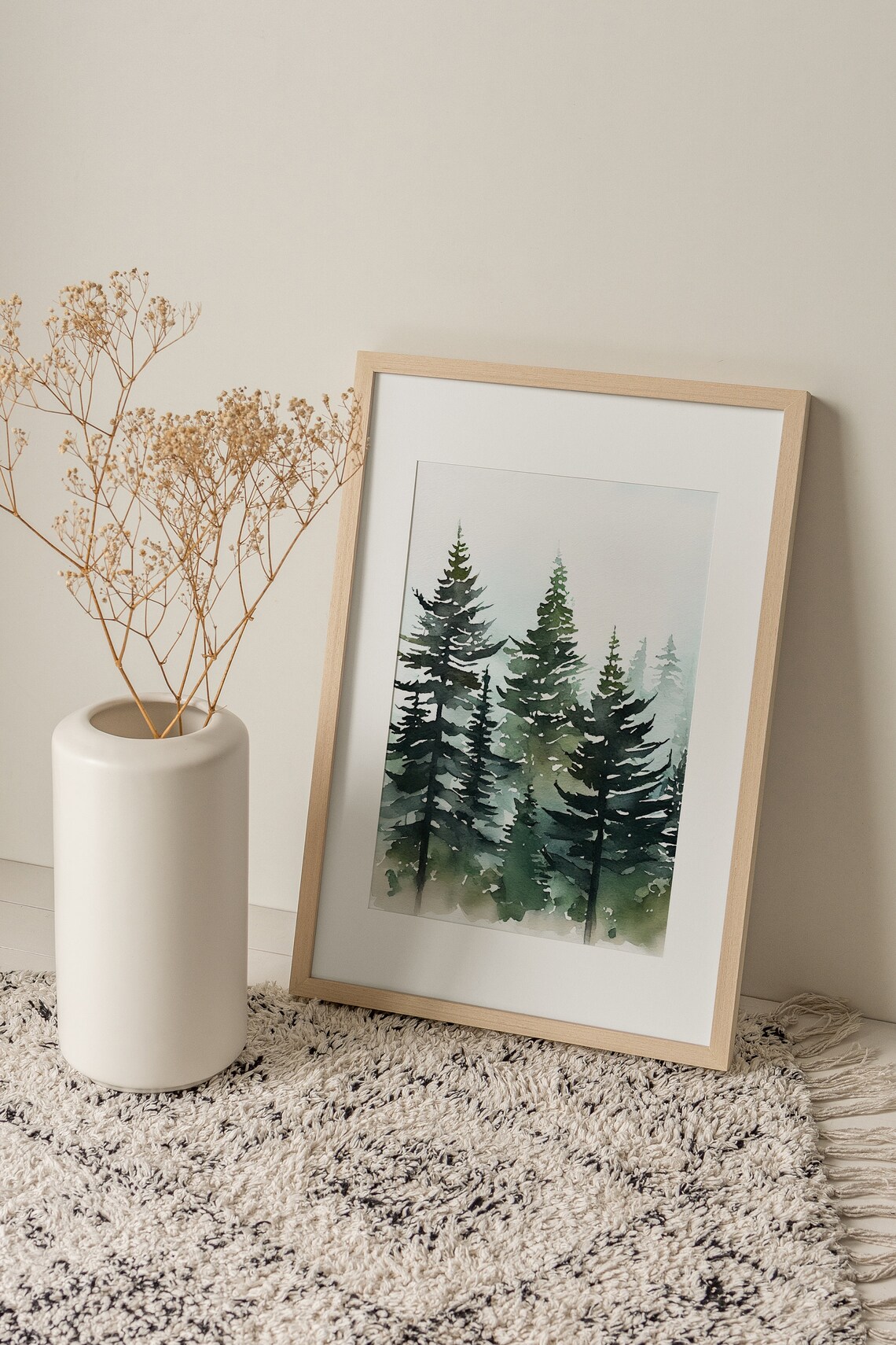 Evergreen Trees Print, Misty Forest Watercolor Poster - Image 3