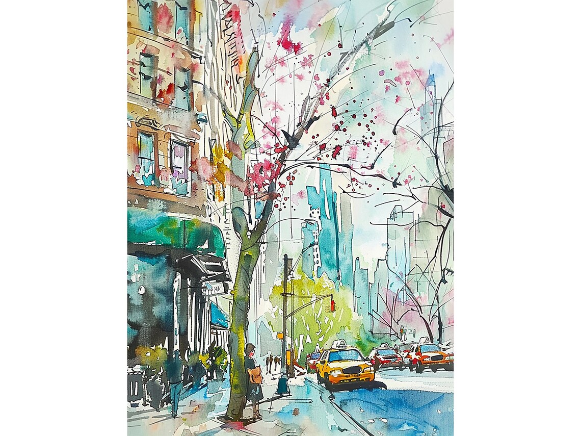 Manhattan Watercolor Art Print, NYC Street Scene
