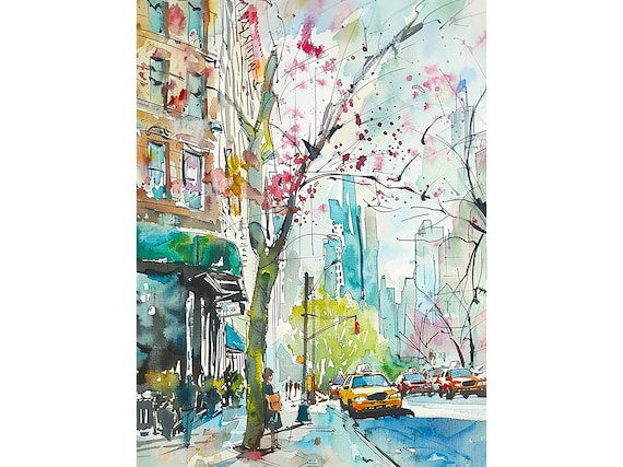 Manhattan Watercolor Art Print, NYC Street Scene
