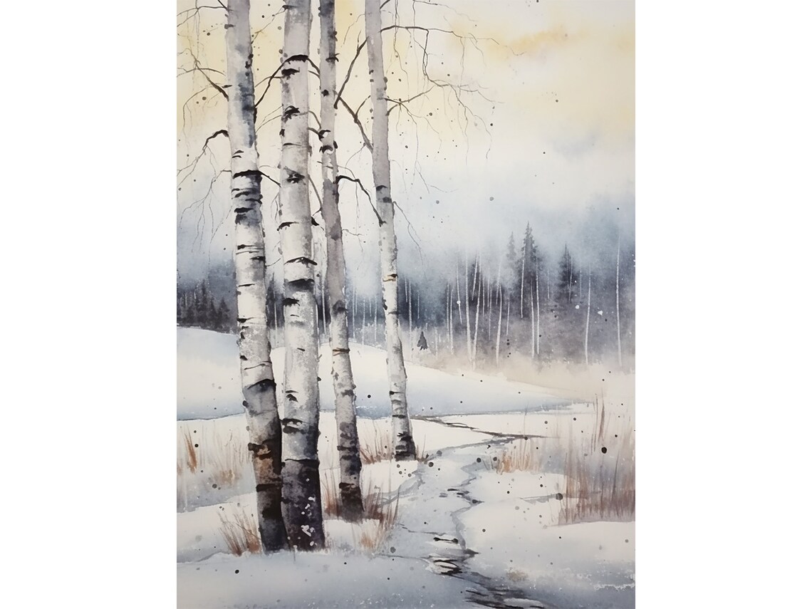 Birch Watercolor Winter Landscape, Colorado Trees Art Print