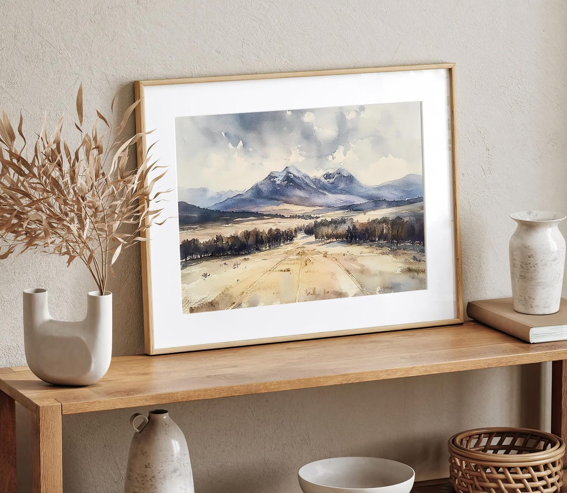 Open Plain Valley Snow Capped Mountains Big Sky Watercolor Poster - Image 2