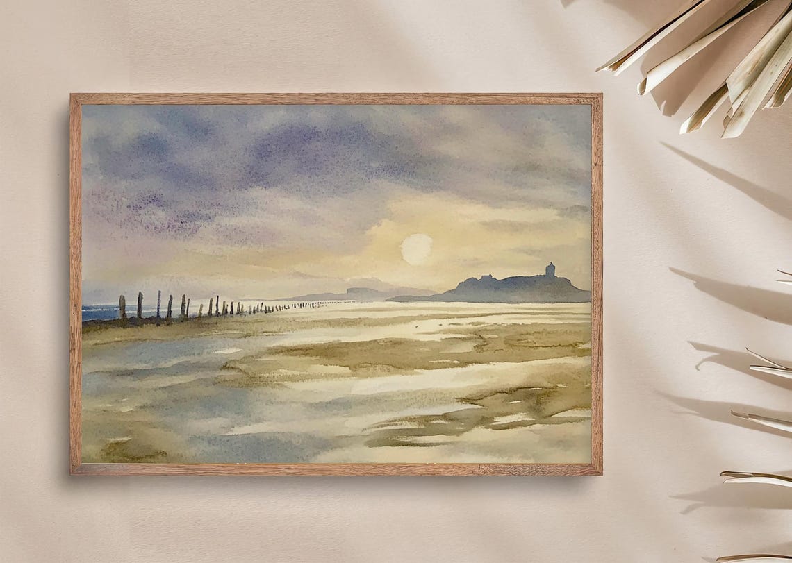 Serene Peaceful Beach at Low Tide Under a Soft Golden Sky Poster - Image 4