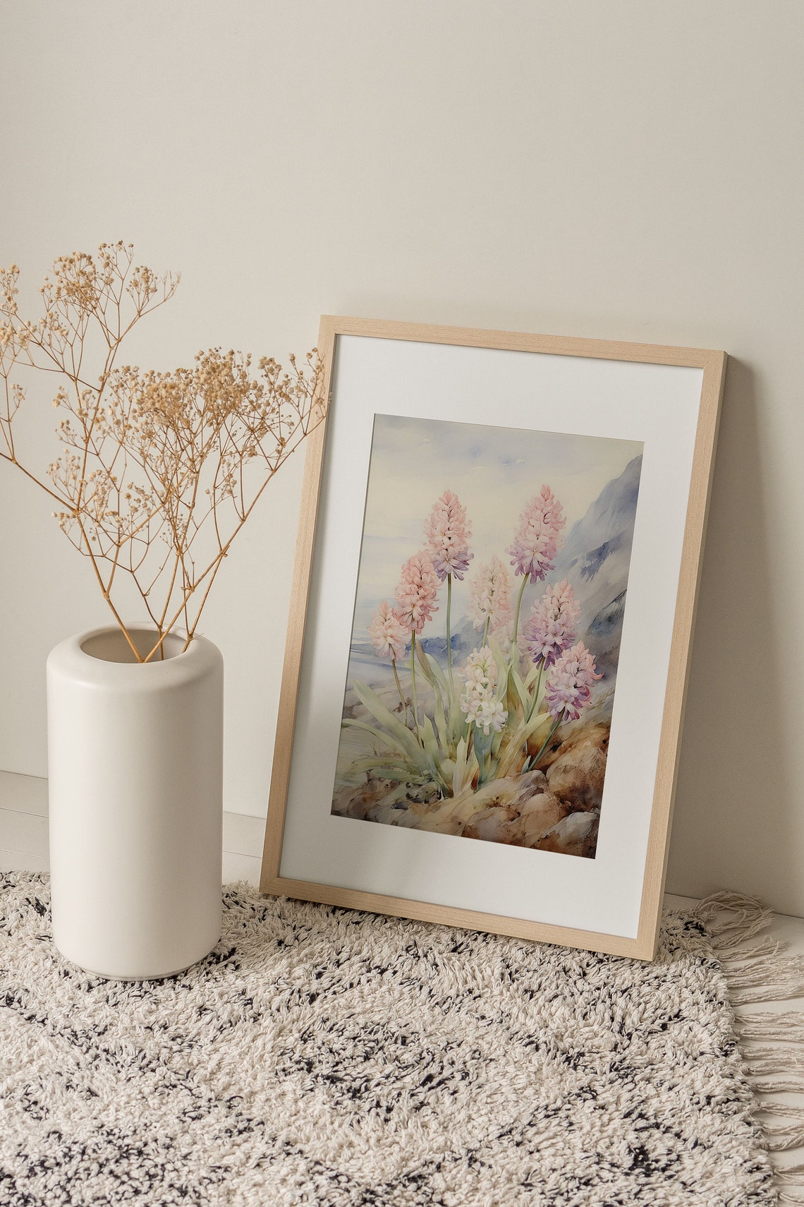 Pink Hyacinth Blooms on a Rocky Coastal Cliff Watercolor Poster - Image 4