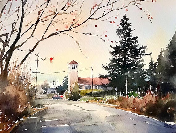 Beaverton Painting Oregon Watercolor Art Print Cityscape Wall Art Sunrise Print Old Town Poster Countryside Landscape
