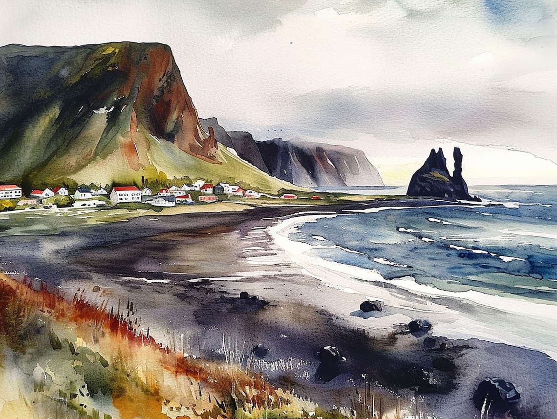 Town of Vik Iceland Watercolor Travel Poster