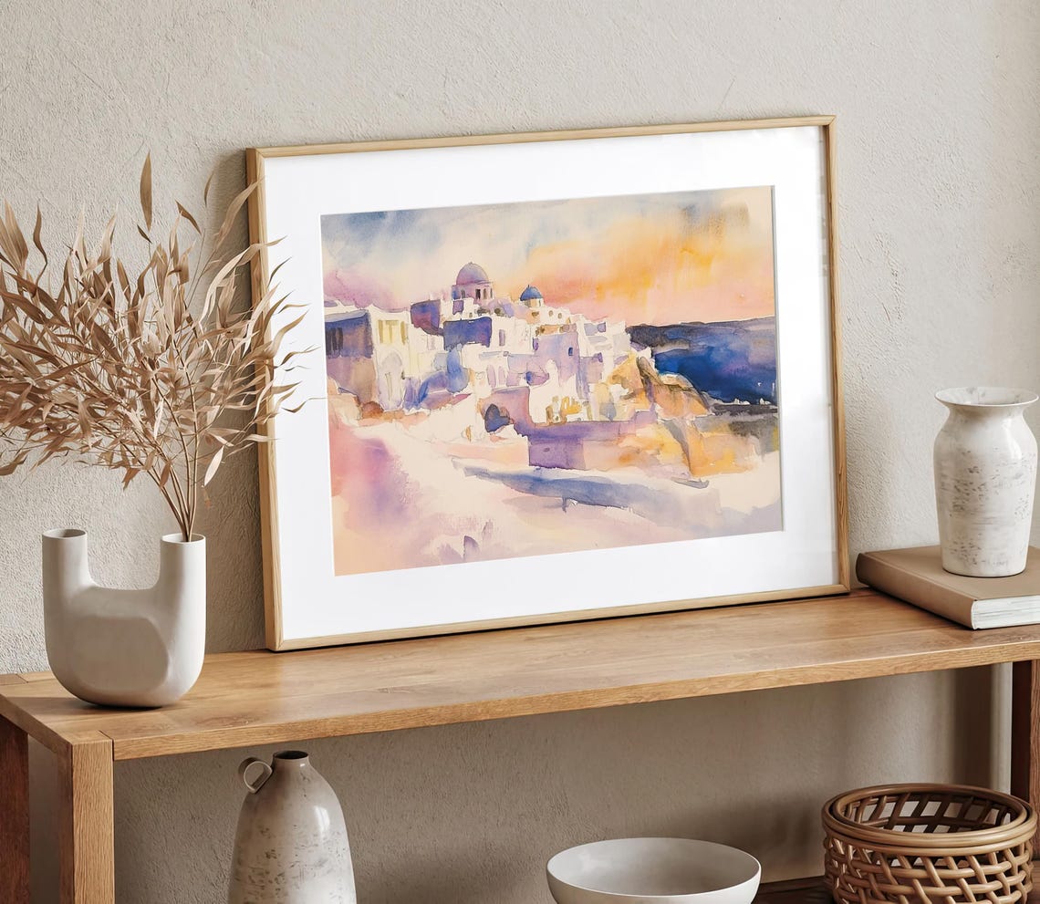 Santorini Style Whitewashed Village Blue Domes Sunset Poster - Image 2