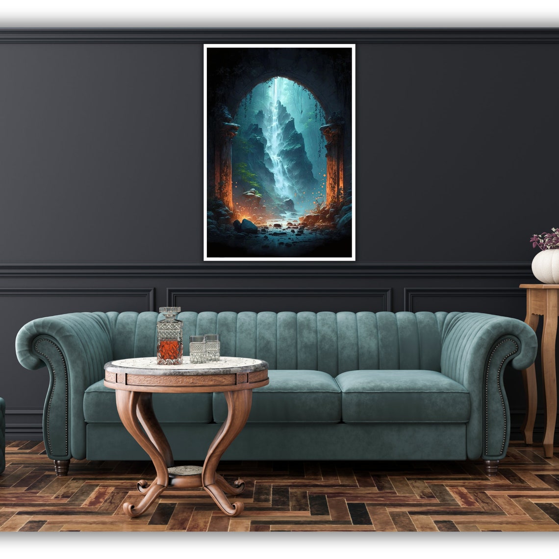 Ancient Stone Archway Waterfall Canyon Hidden Valley Fantasy Poster - Image 3