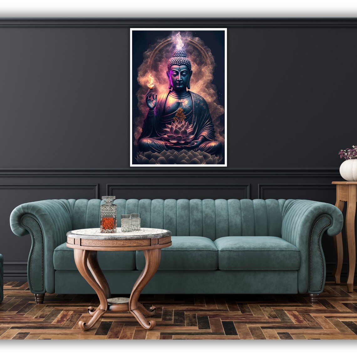 Buddha Holding Lotus Flame Hand Cosmic Purple Smoke Art Print Poster - Image 4