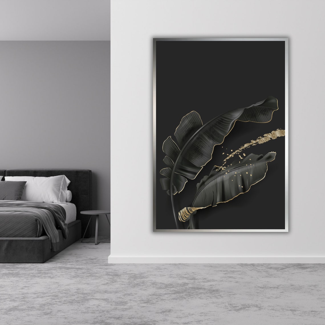 Black Tropical Banana Leaves Gold Edges Dark Botanical Art Poster - Image 3