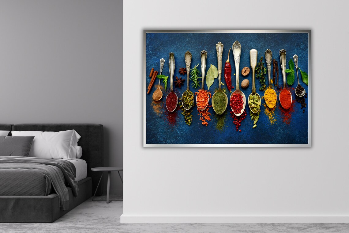Colorful Spices In Spoons Dark Blue Kitchen Food Photography Poster - Image 3