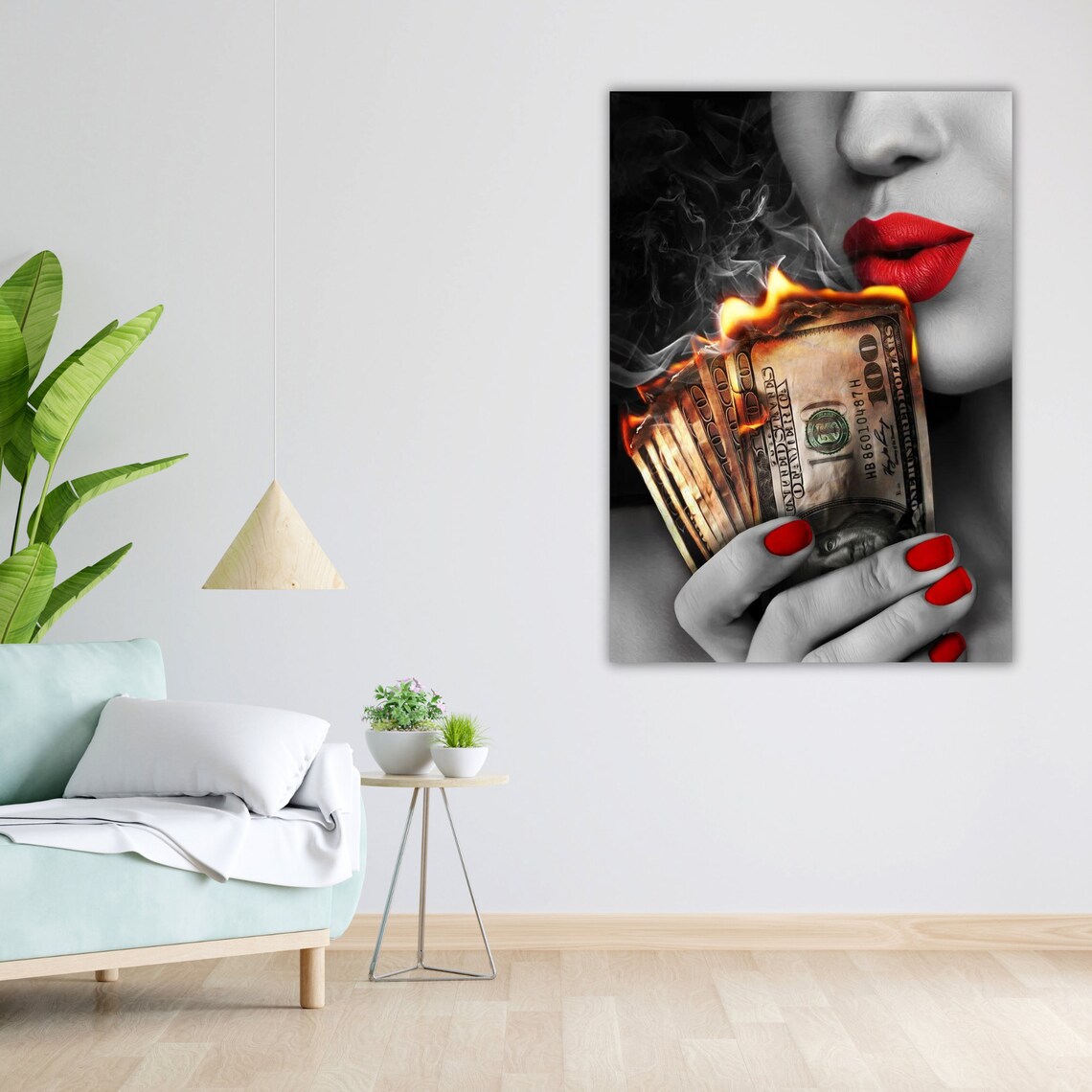 Woman Red Lips Burning Dollar Bills Smoke Pop Art Money Poster - Image 4