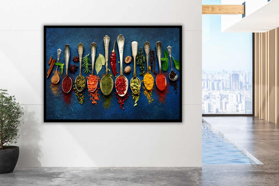 Colorful Spices In Spoons Dark Blue Kitchen Food Photography Poster - Image 2