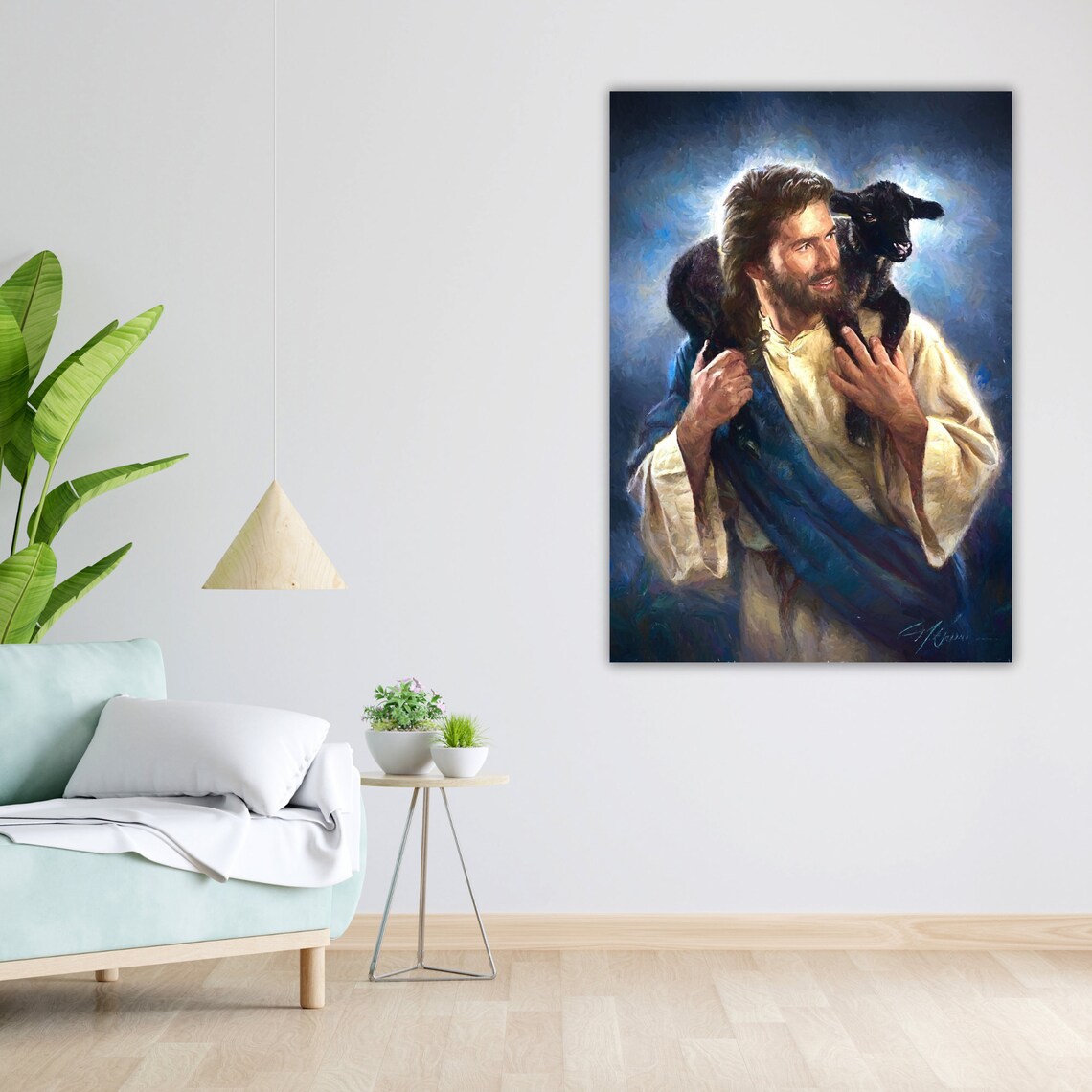 Jesus Carrying Black Lamb Shoulders Good Shepherd Oil Art Poster - Image 4
