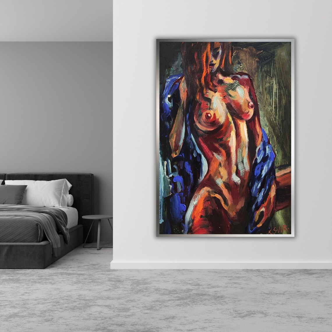 Nude Woman Expressionist Oil Painting Blue Robe Classic Figure Art Poster - Image 4