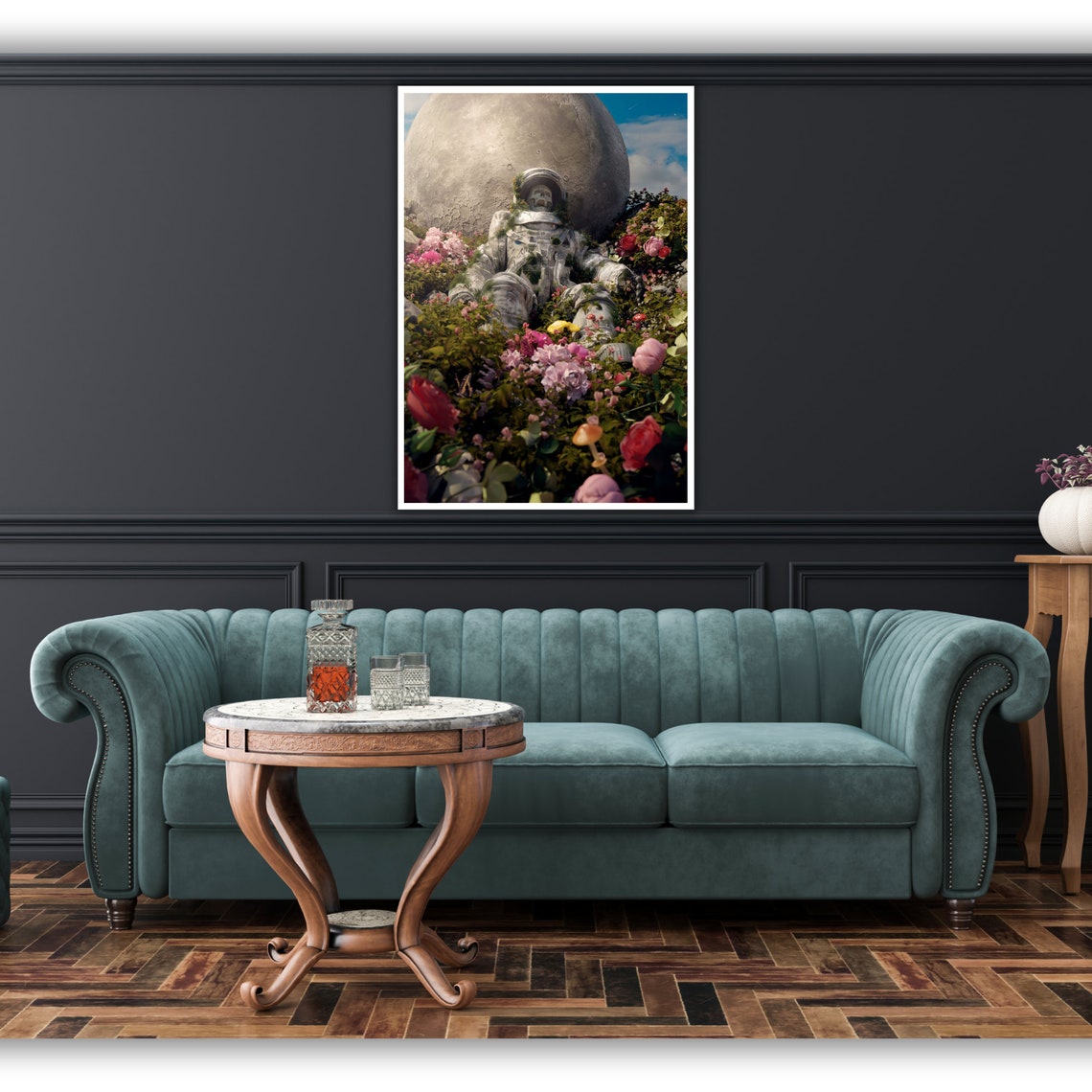 Skeleton Astronaut In Flower Field Giant Moon Surreal Art Poster - Image 2