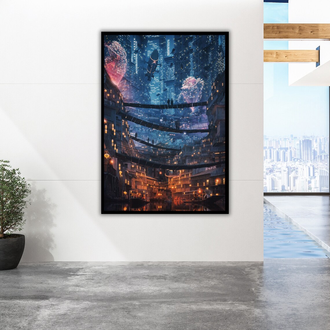 Cyberpunk City Night Bridges Neon Lights Cherry Blossom Sci Fi Poster - Image 2