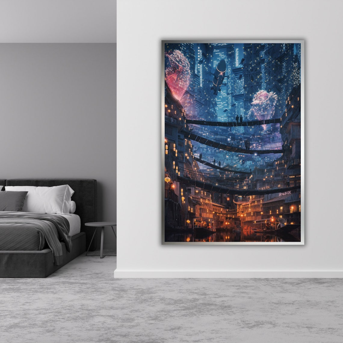 Cyberpunk City Night Bridges Neon Lights Cherry Blossom Sci Fi Poster - Image 3