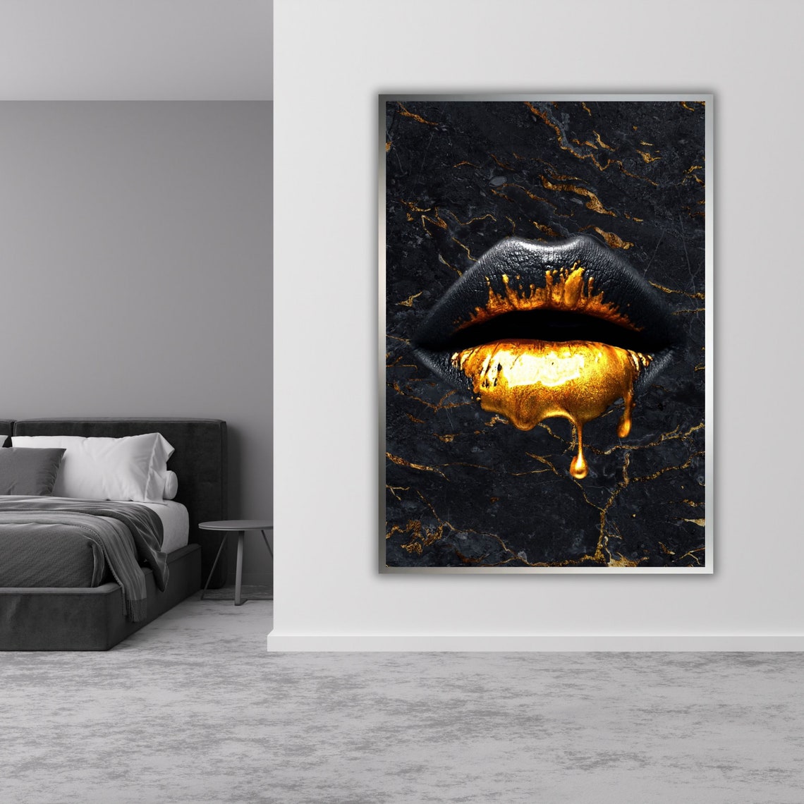 Gold Dripping Lips On Black Marble Glam Luxury Wall Art Poster - Image 3