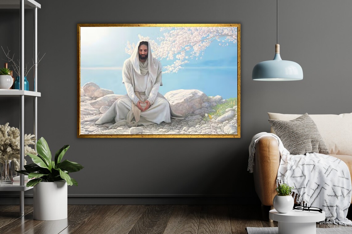 Jesus Sitting On Rocky Shore Hands In Heart Shape Peaceful Christian Poster - Image 5