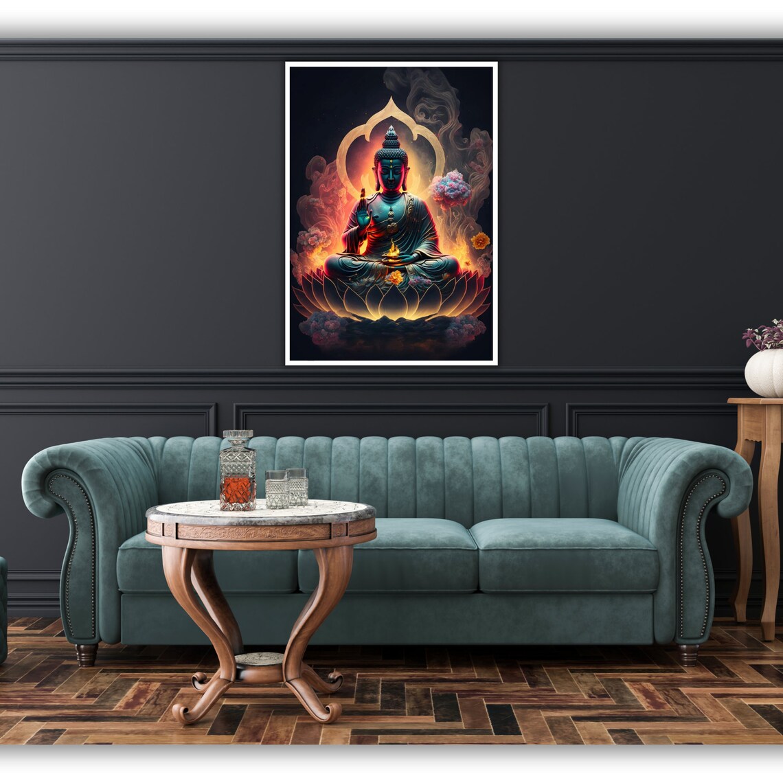 Buddha Lotus Flower Fiery Orange Aura Dark Meditation Art Poster - Image 3