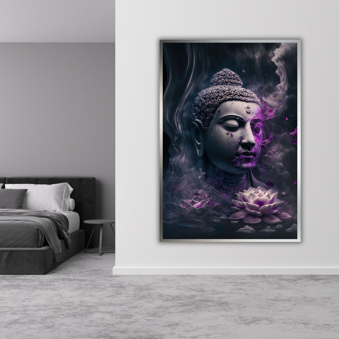 Dark Buddha Stone Head Purple Smoke Lotus Flowers Zen Art Poster - Image 4