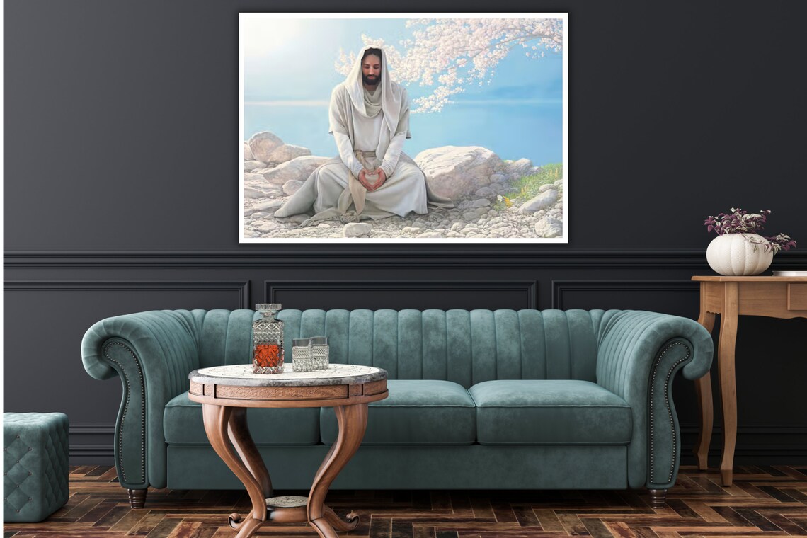 Jesus Sitting On Rocky Shore Hands In Heart Shape Peaceful Christian Poster - Image 3