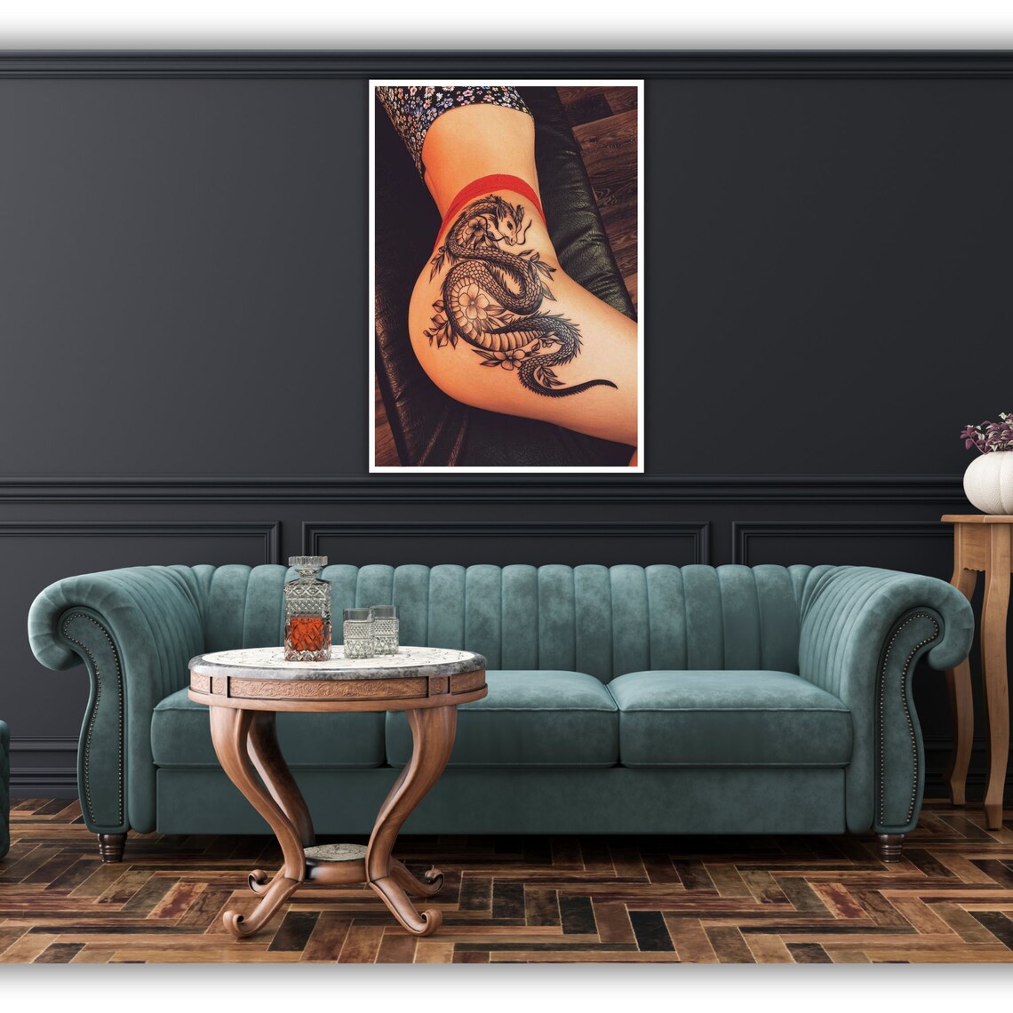 Sexy Woman With Dragon Tattoo Print Ready To Hang Framed Wall Decor Tattooed Lady Art - Image 4