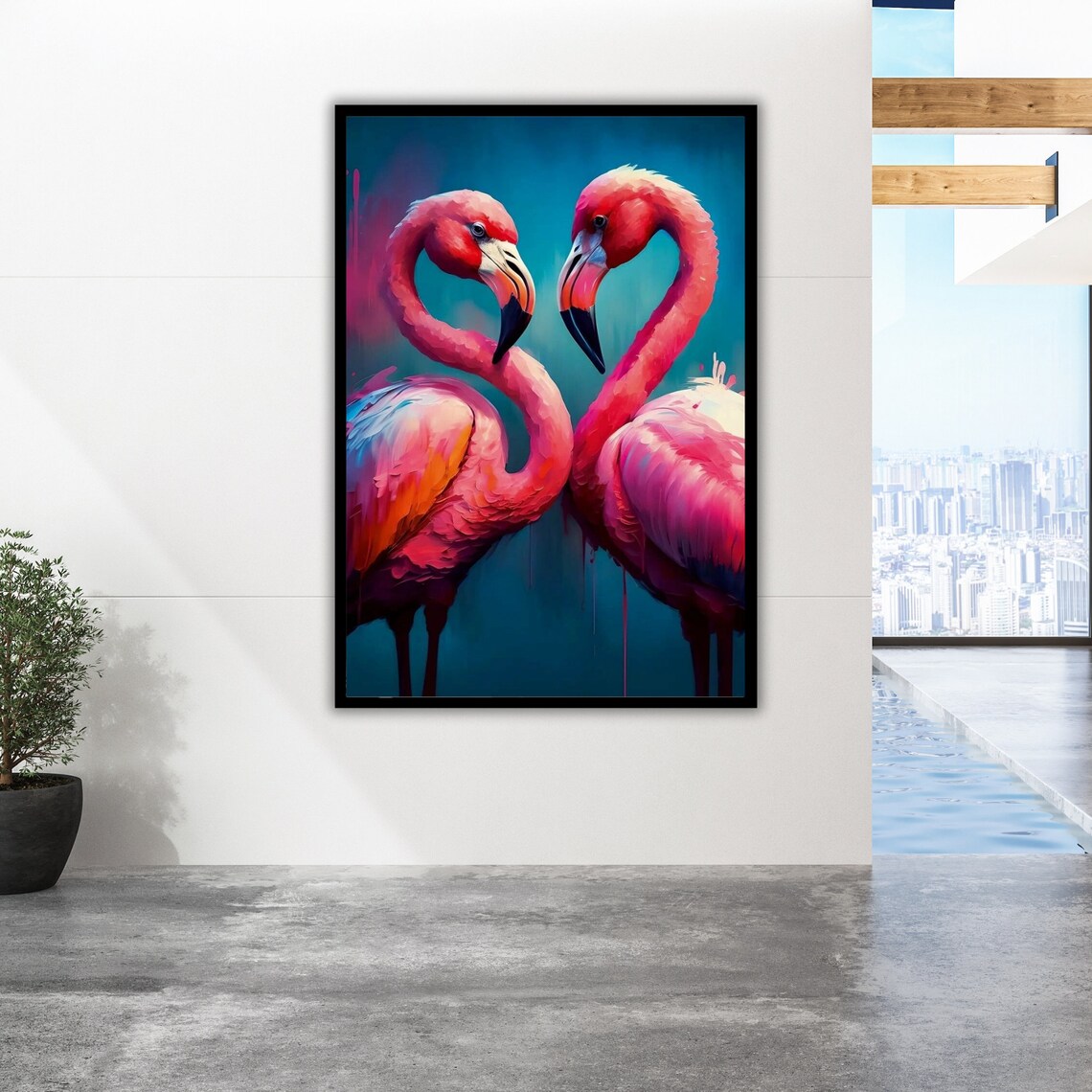 Two Pink Flamingos Heart Shape Vibrant Teal Tropical Wall Poster - Image 5
