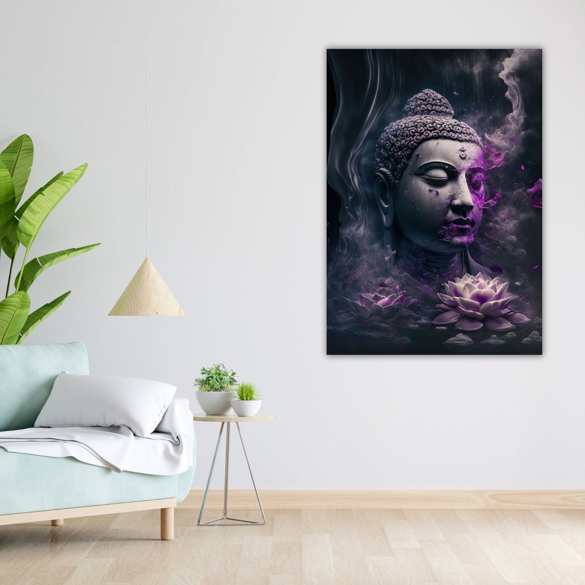 Dark Buddha Stone Head Purple Smoke Lotus Flowers Zen Art Poster - Image 3