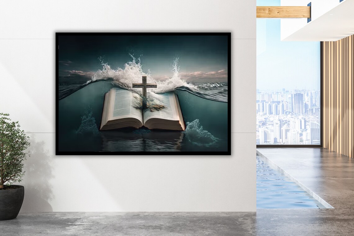 Open Bible With Wooden Cross Rising From Ocean Waves Christian Art Poster - Image 3