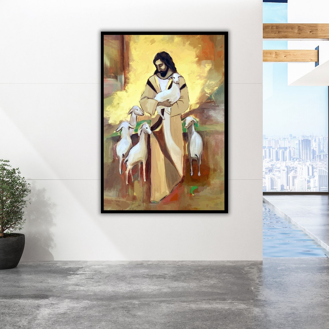 Jesus Good Shepherd White Lamb Sheep Golden Warm Art Print Poster - Image 3