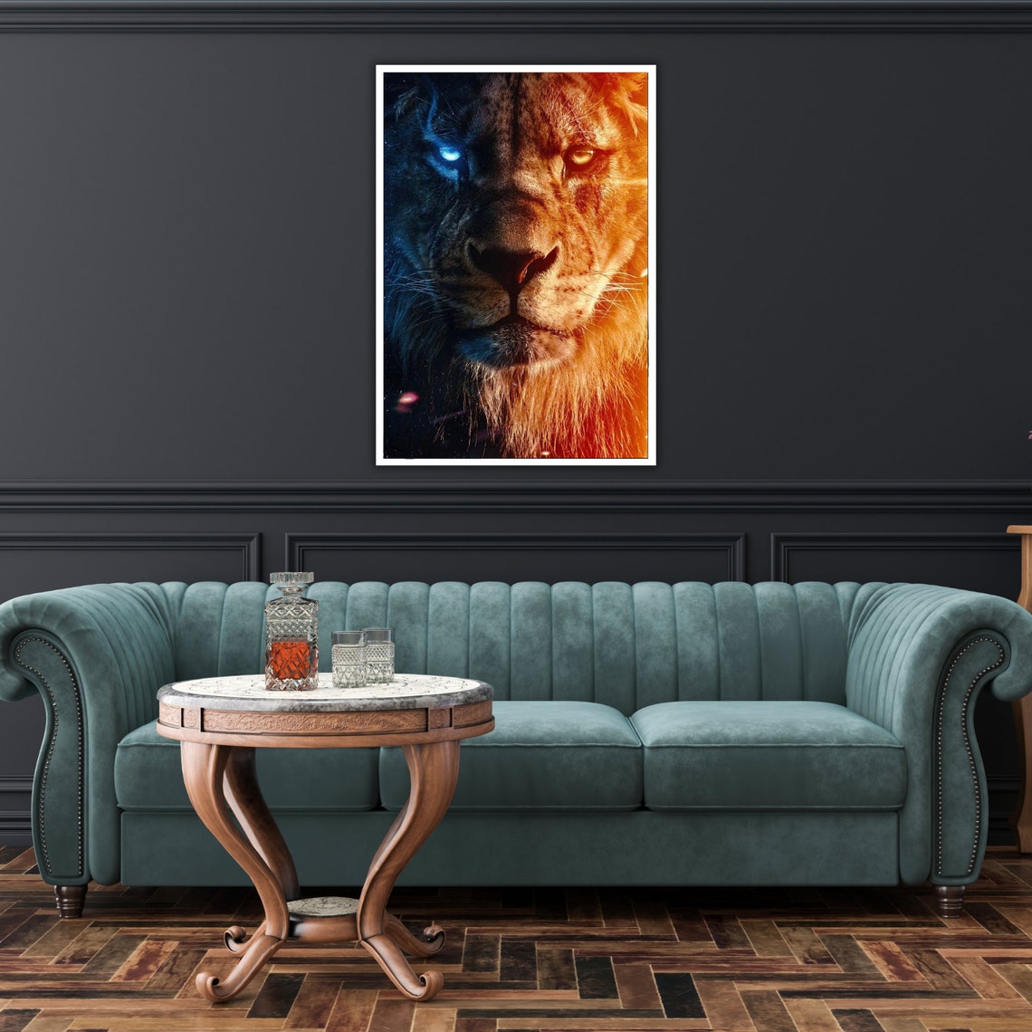 Lion Fire And Ice Split Portrait Blue Orange Eyes Wildlife Poster - Image 2