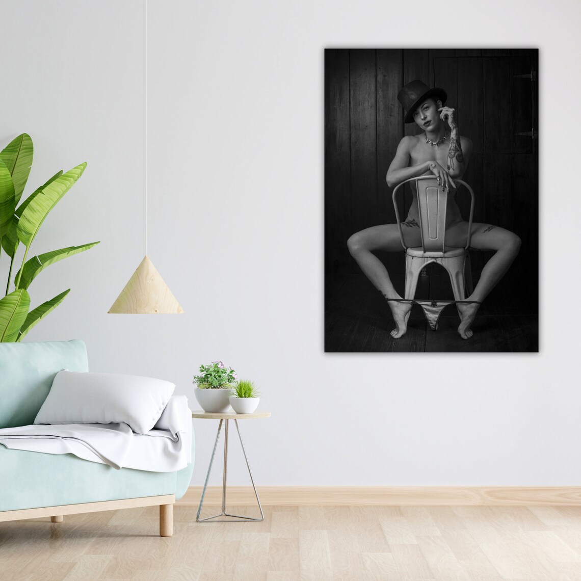 Tattooed Woman Top Hat Chair Black White Portrait Nude Art Poster - Image 5