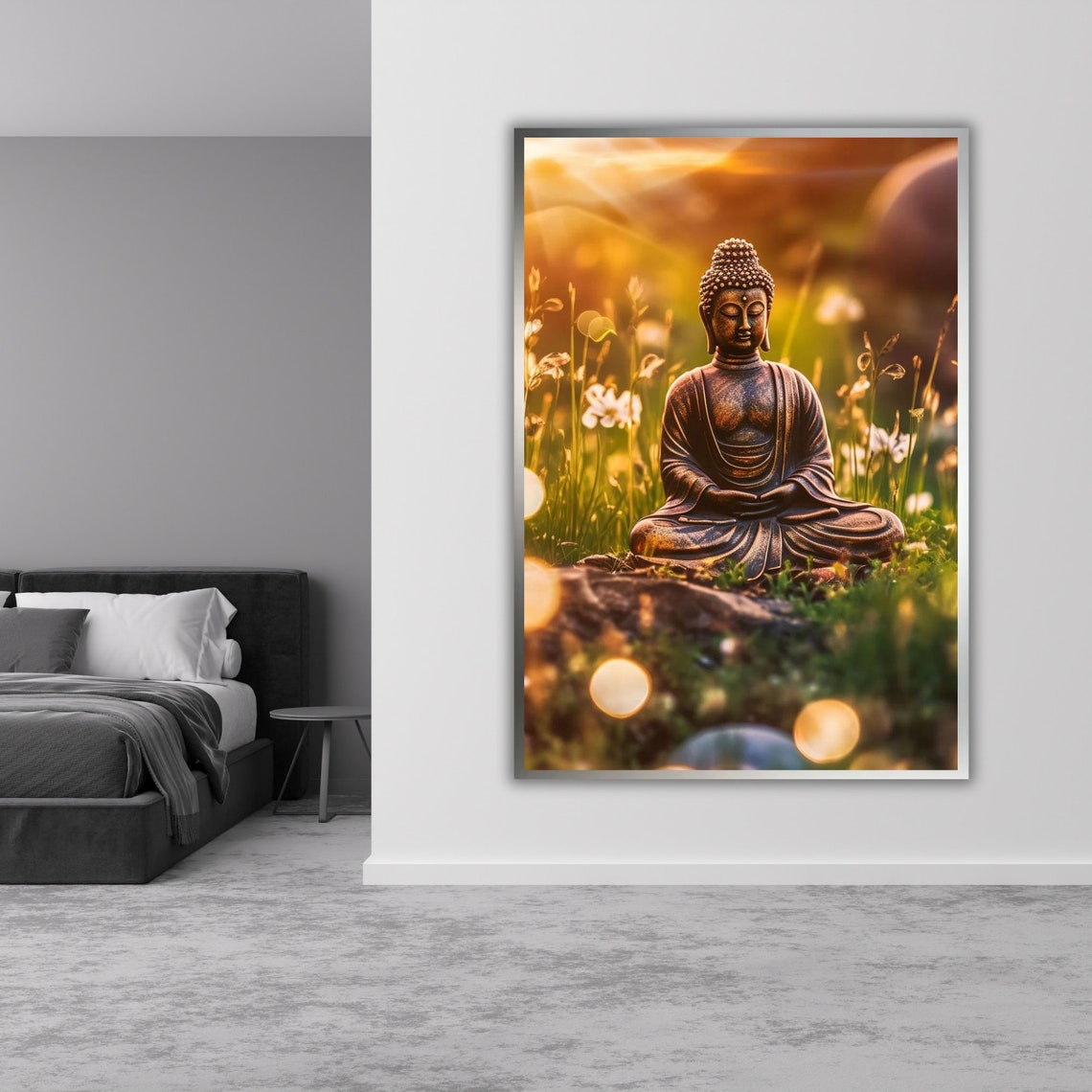 Bronze Buddha Statue Garden Golden Sunset Meadow Zen Wall Art Poster - Image 2